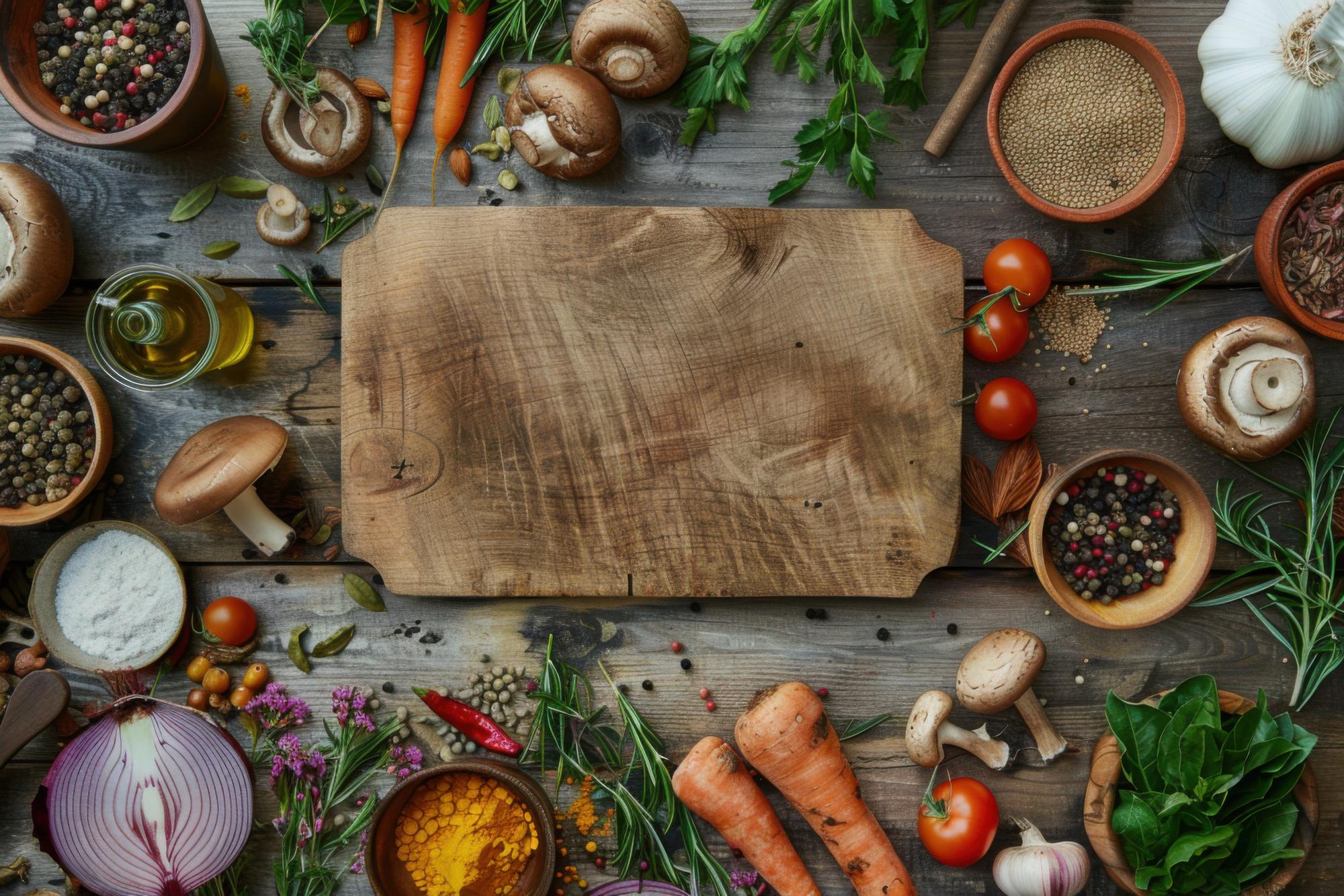 Rusted wooden board with fresh herbs and plated sample