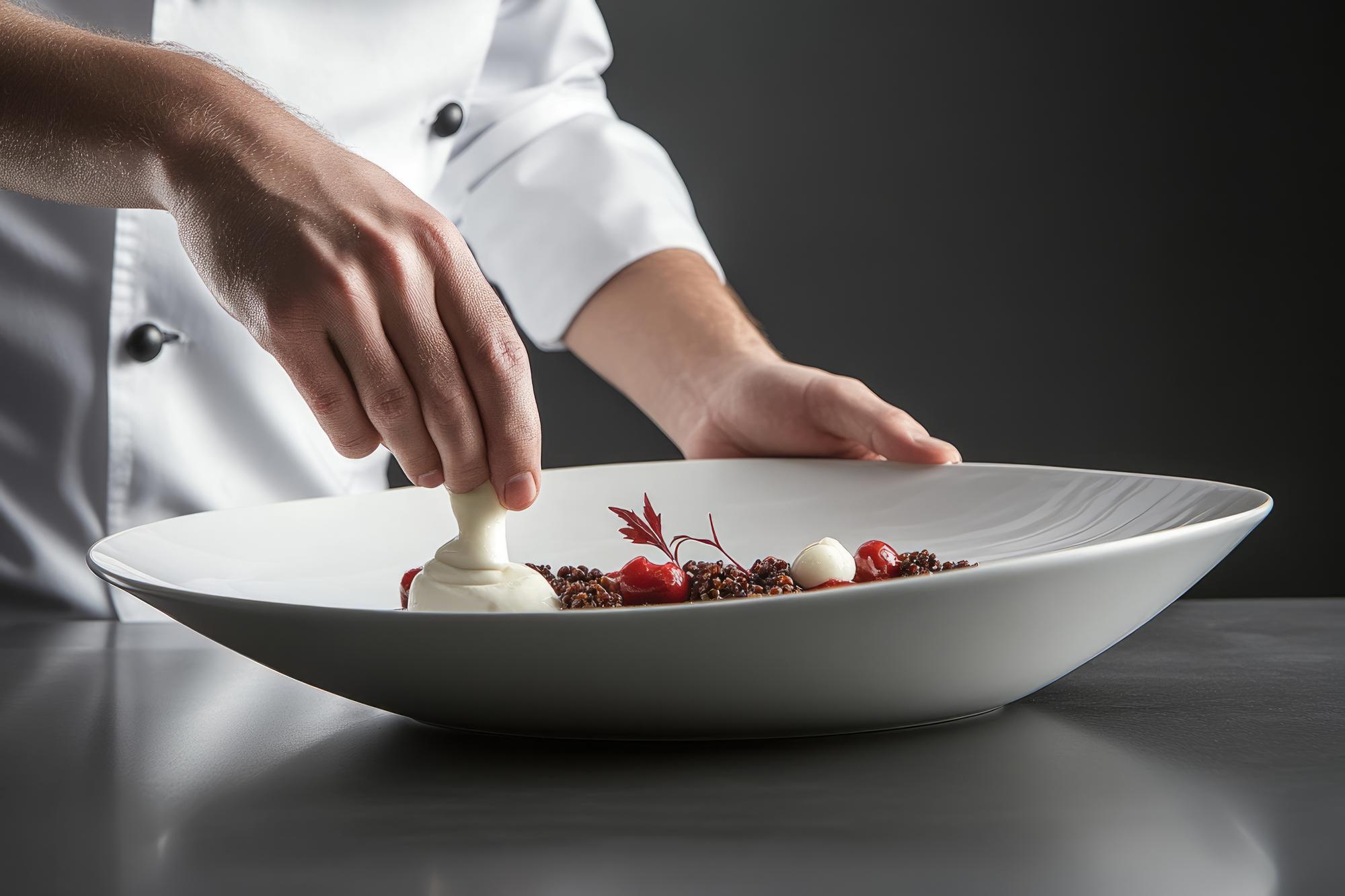 Chef arranging modern plated dish in studio kitchen